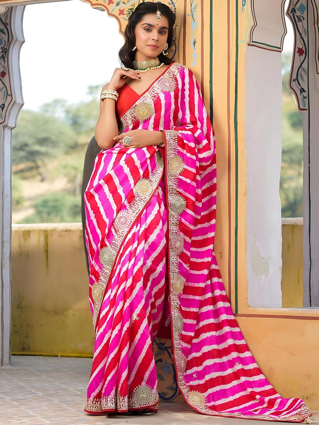 

Anouk Pink & Gold-Toned Leheriya Printed Sequinned Saree