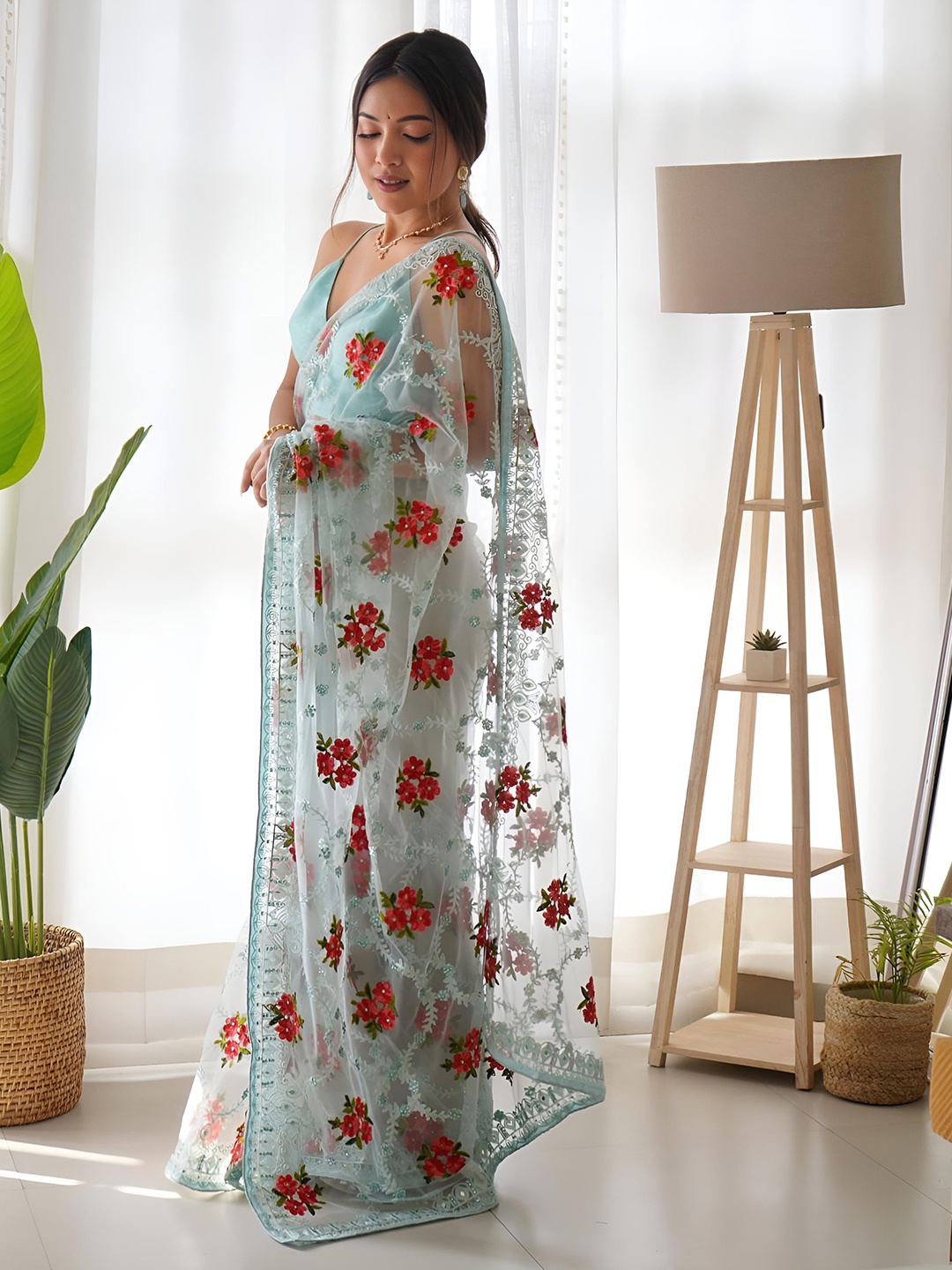 Anouk Floral Embroidered Net Saree, Blue