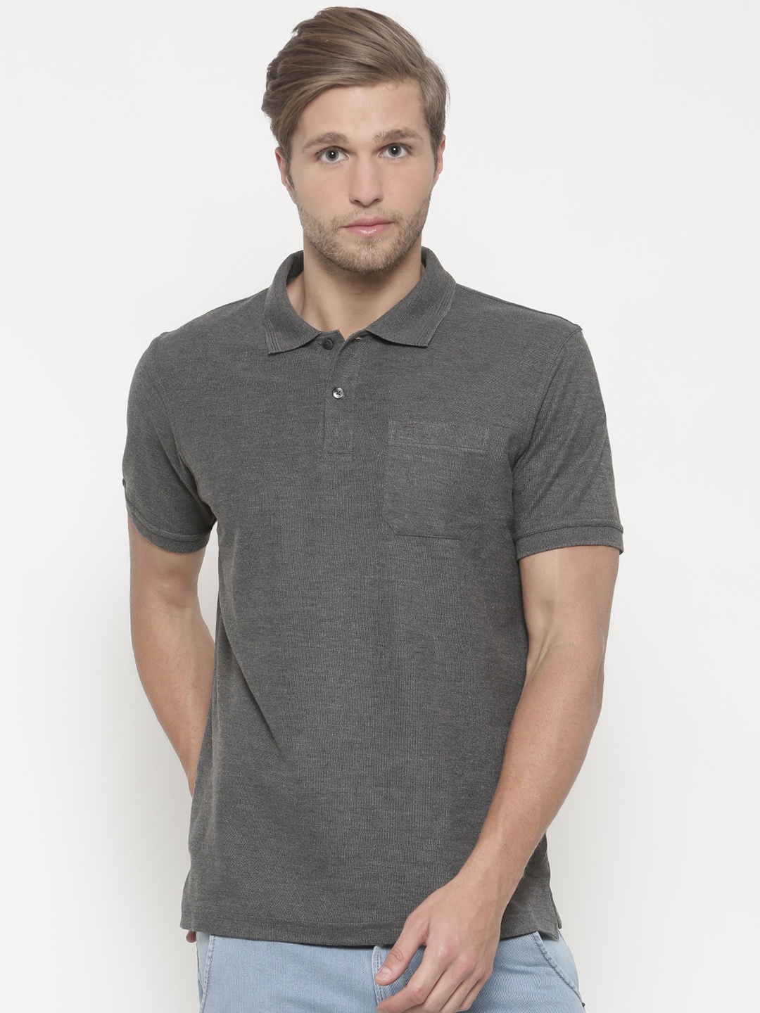 

Peter England Men Charcoal Grey Solid Polo Collar T-shirt