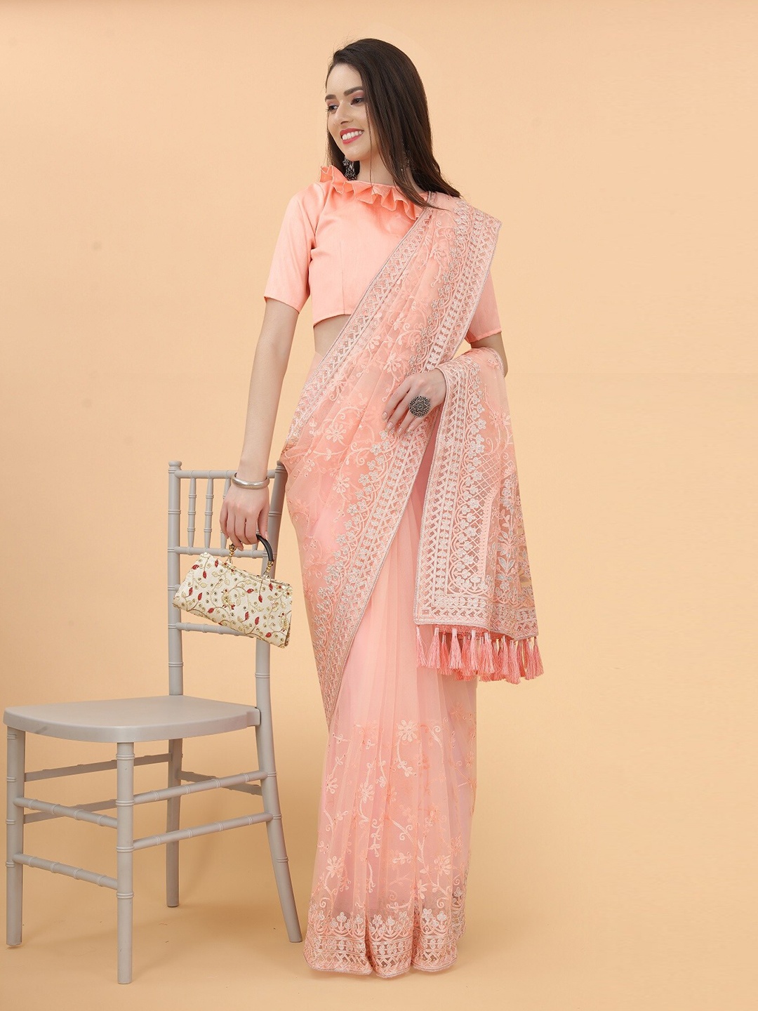 Anouk Floral Embroidered Net Saree, Peach