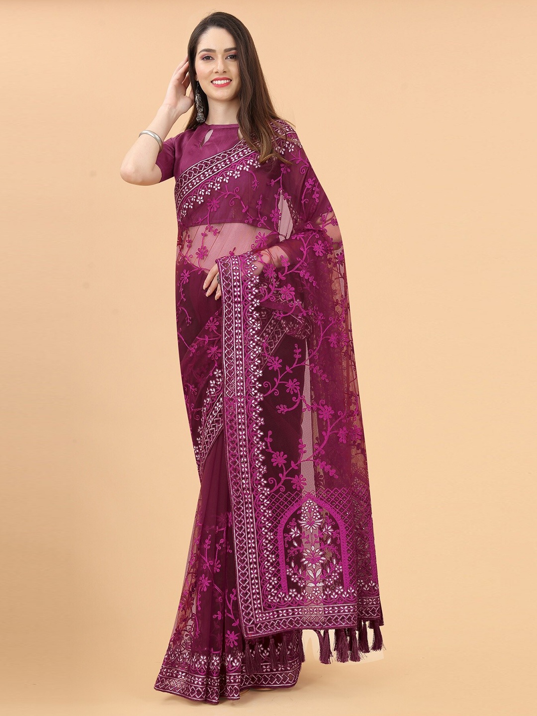 

Anouk Embroidered Floral Net Saree, Burgundy