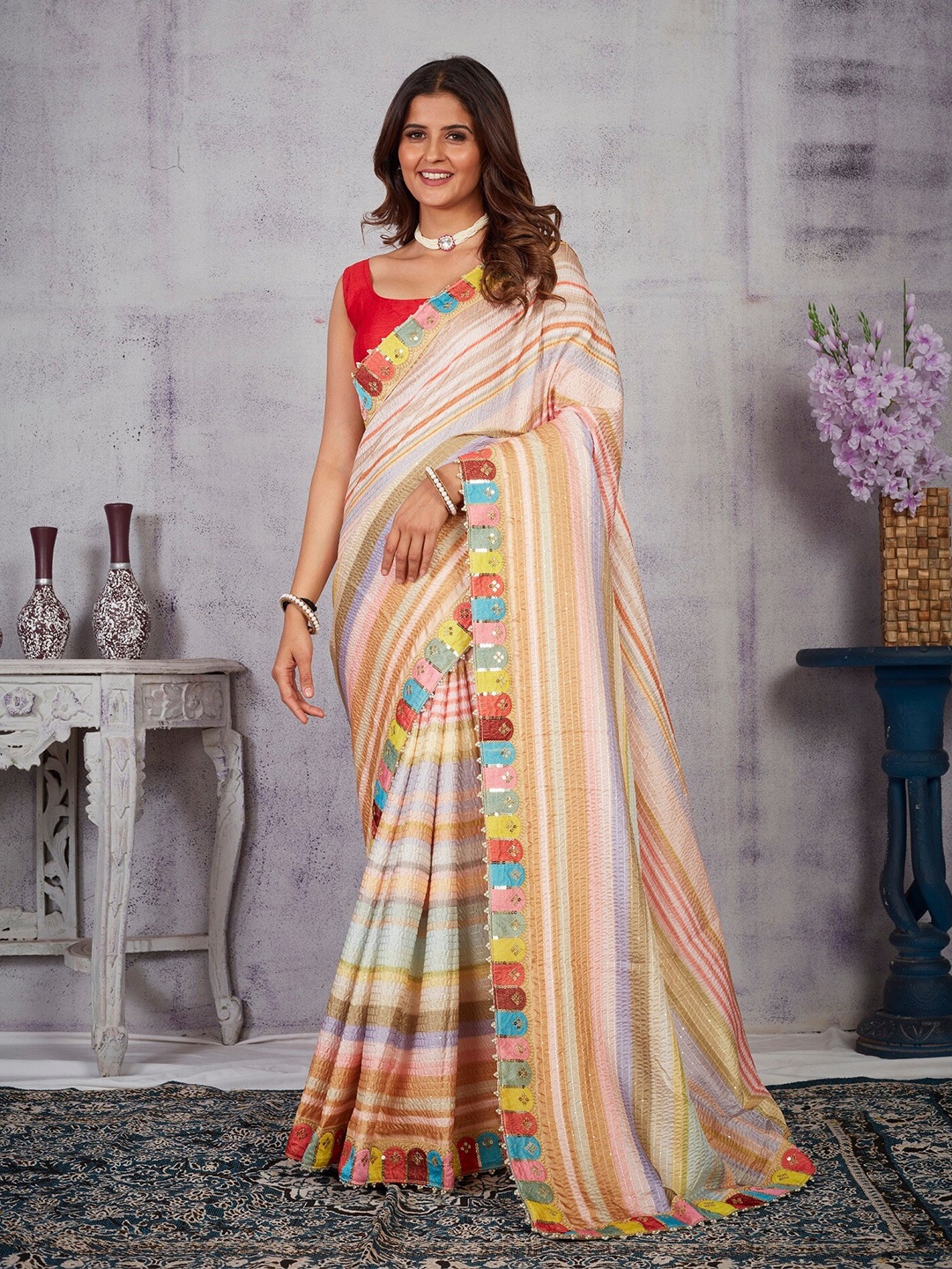 

Anouk Pink & Cream-Coloured Striped Woven Design Sequinned Saree