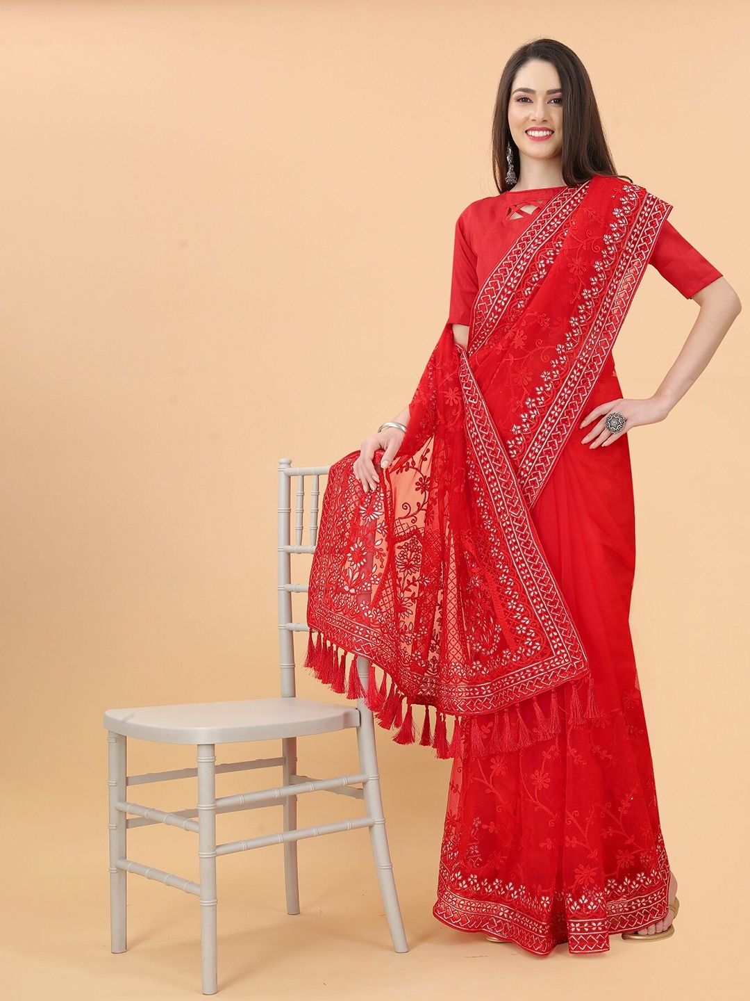 

Anouk Floral Embroidered Net Saree, Red