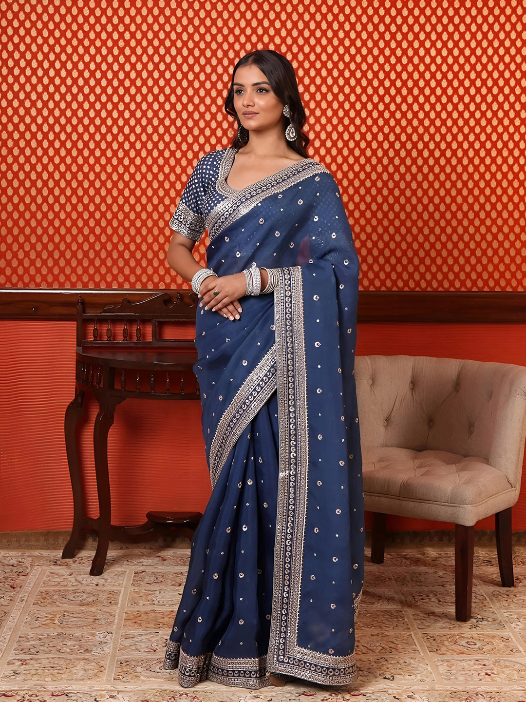 

Anouk Navy Blue & Beige Ethnic Motifs Embroidered Organza Saree