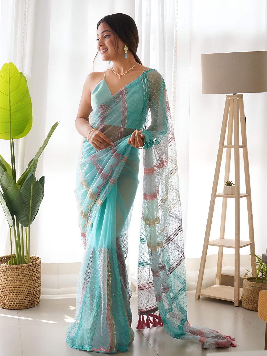 

Anouk Striped Sequinned Net Saree, Teal