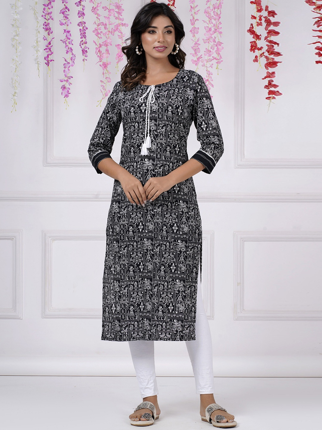 

PARCHHAI Tribal Printed Tie-Up Neck Pure Cotton Straight Kurta, Black