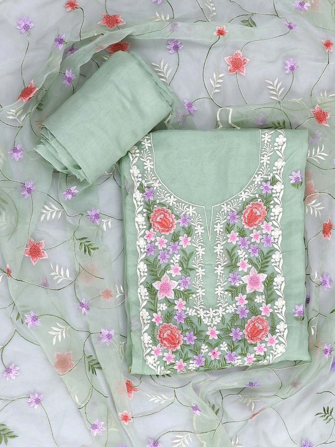 

SALWAR STUDIO Floral Embroidered Organza Unstitched Dress Material, Green
