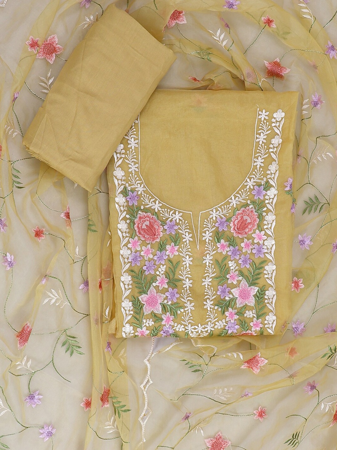 

SALWAR STUDIO Floral Embroidered Organza Unstitched Dress Material, Yellow