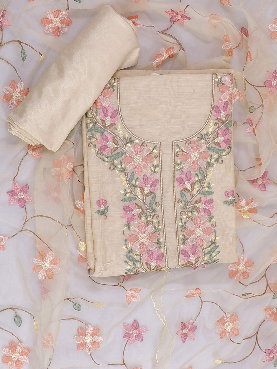 

SALWAR STUDIO Floral Embroidered Unstitched Dress Material, Cream
