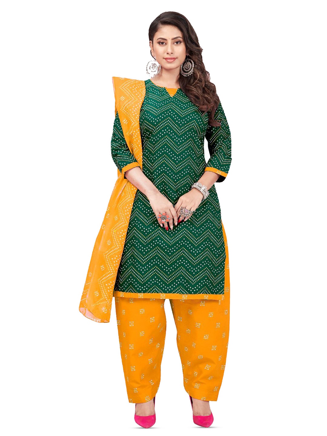 

SALWAR STUDIO Bandhani Printed Unstitched Dress Material, Green