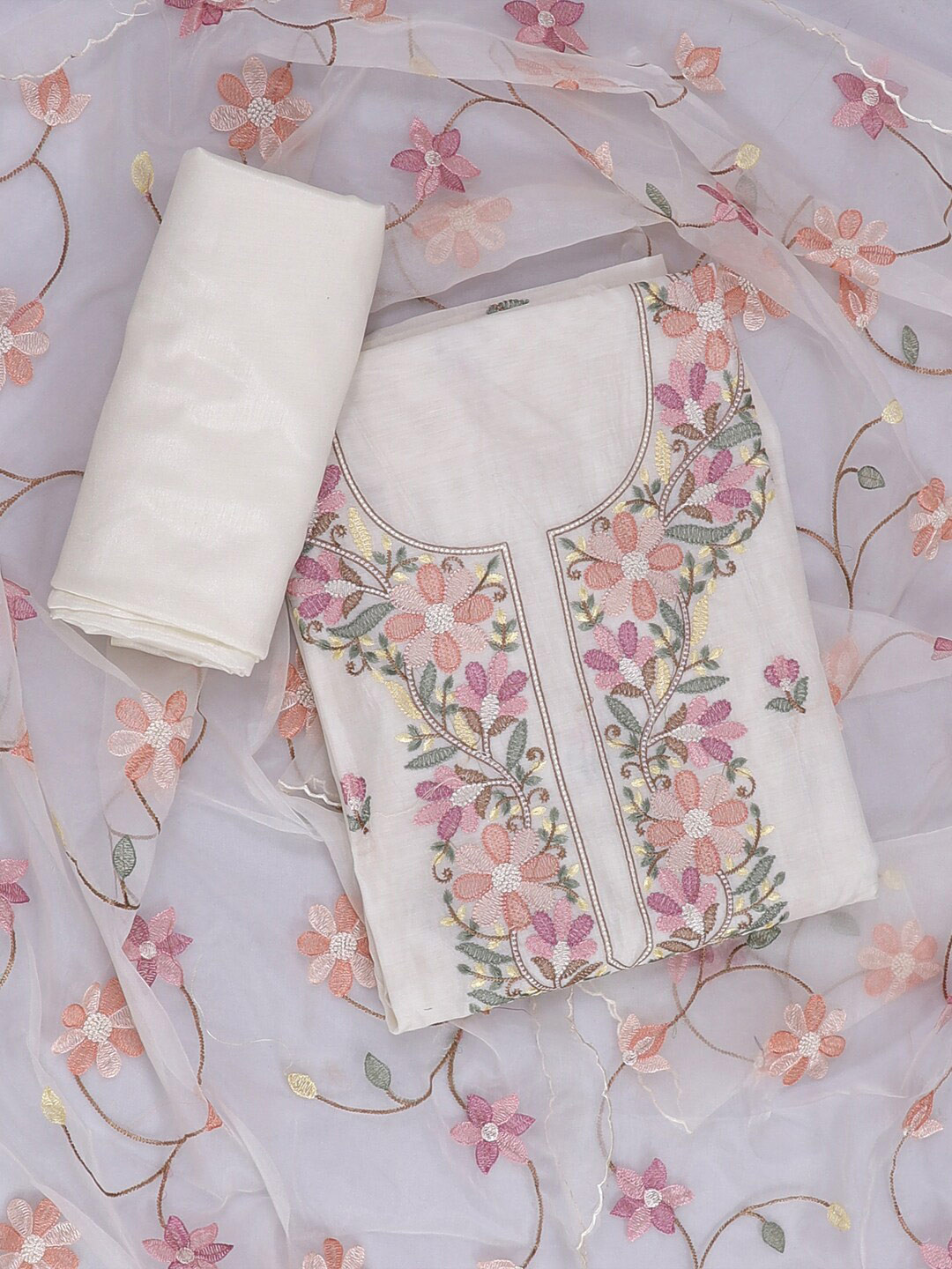 

SALWAR STUDIO White & Peach-Coloured Printed Unstitched Dress Material