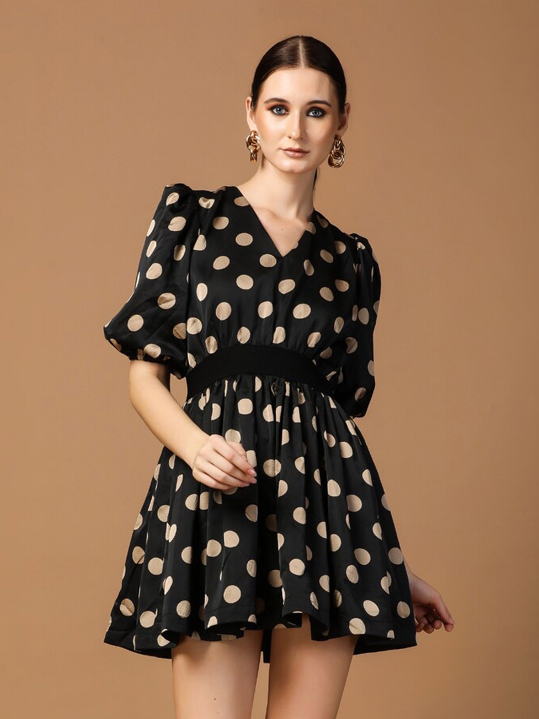 

De Novoo Polka Dot Printed V-Neck Puff Sleeves Crepe Fit & Flare Mini Dress, Black