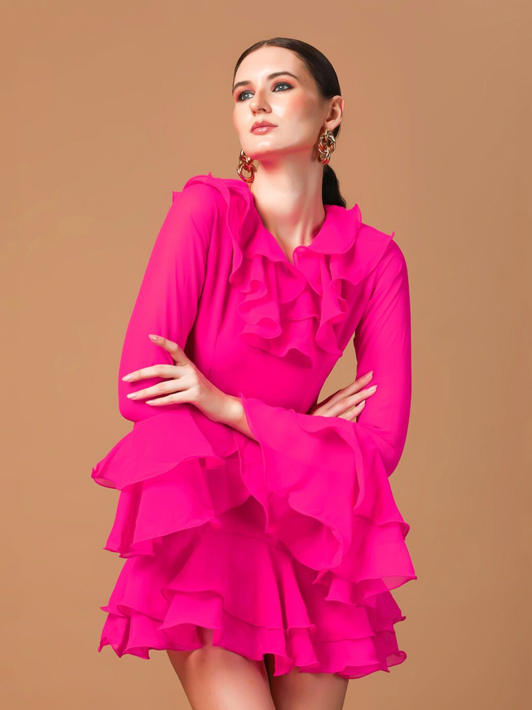 

De Novoo V-Neck Bell Sleeve Ruffled Georgette A-Line Dress, Pink