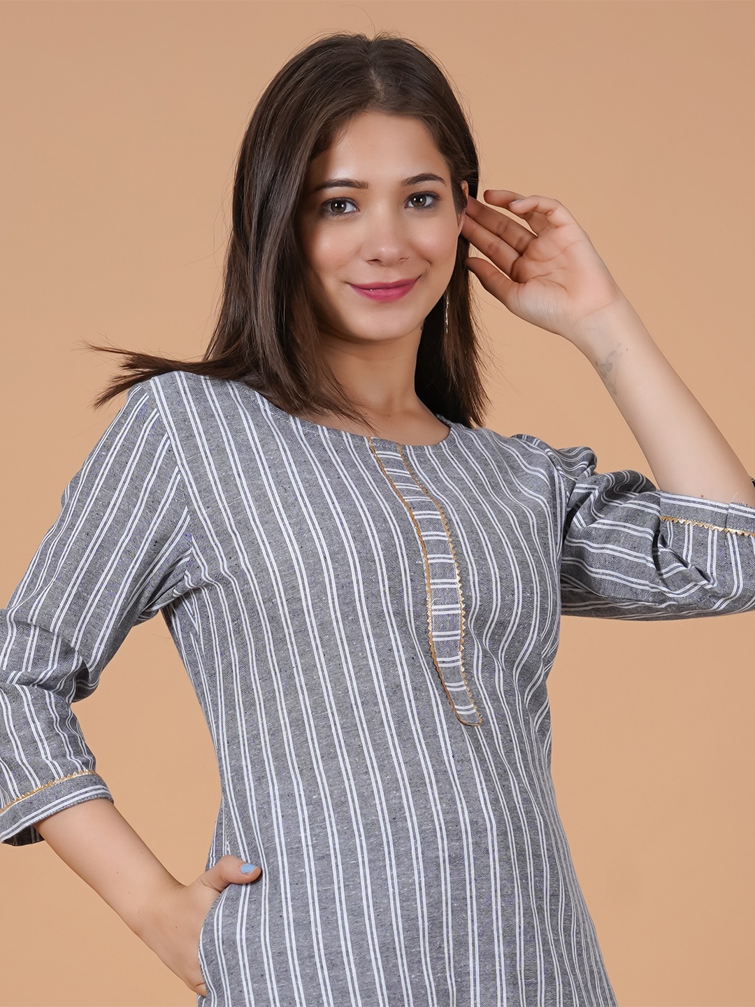 

Rimeline Striped Cotton Straight Kurta, Grey