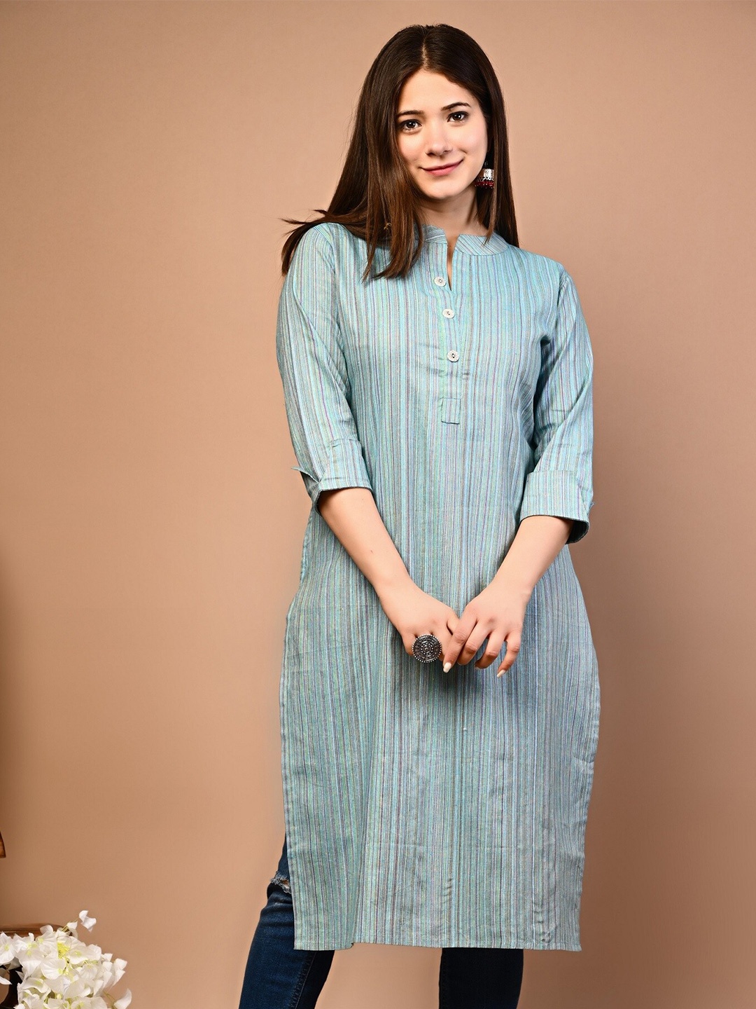 

Rimeline Striped Mandarin Collar Straight Kurta, Blue