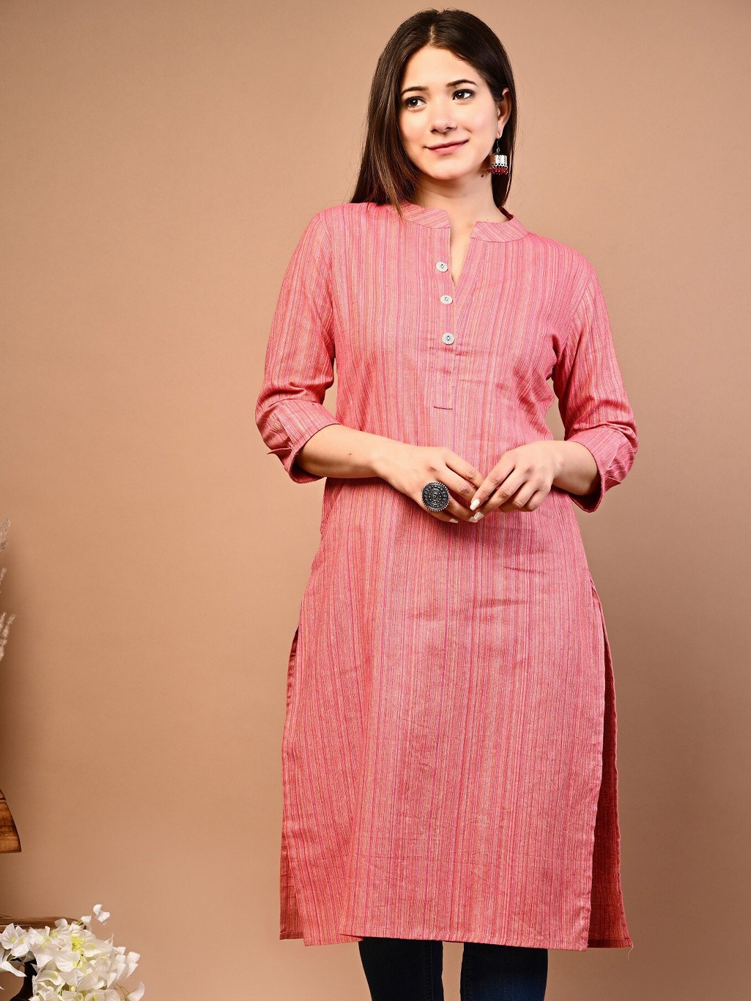 

Rimeline Striped Woven Design Cotton Mandarin Collar Straight Kurta, Pink