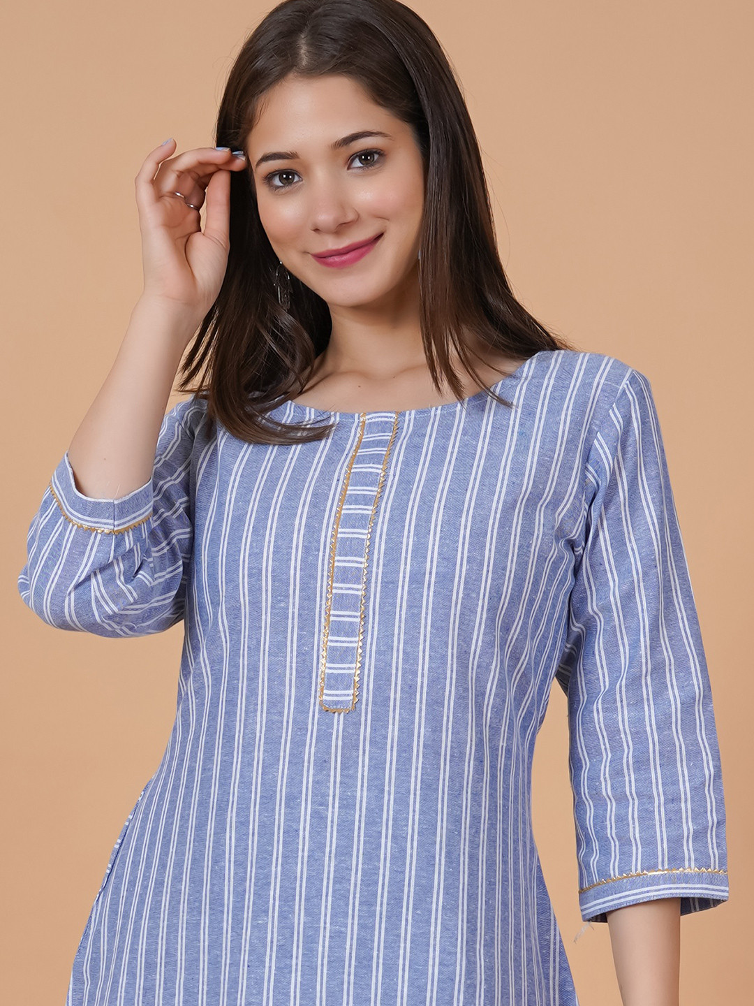 

Rimeline Striped Gotta Patti Straight Kurta, Blue