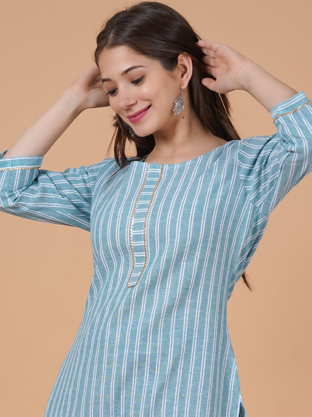 

Rimeline Striped Gotta Patti Straight Cotton Kurta, Blue