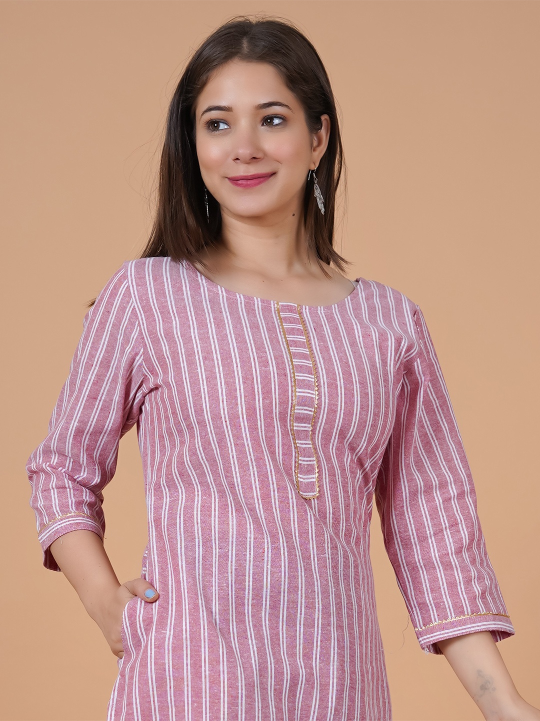 

Rimeline Striped Gotta Patti Straight Cotton Kurta, Pink