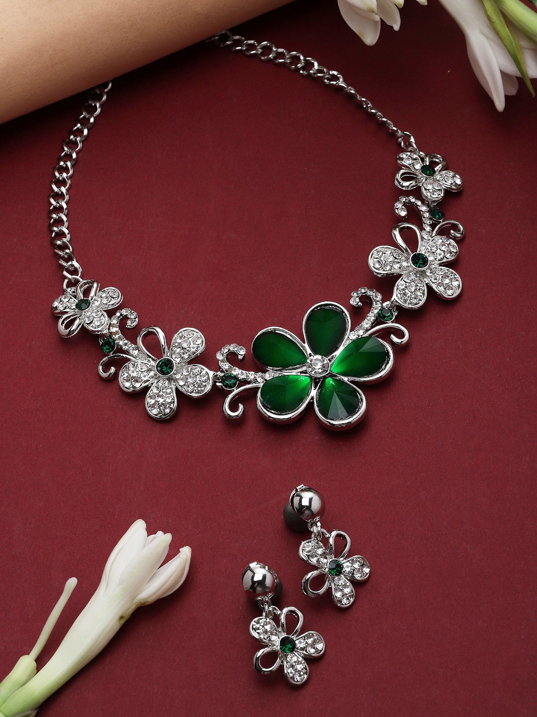 

ZENEME Rhodium Plated American Diamond Studded Jewellery Set, Green