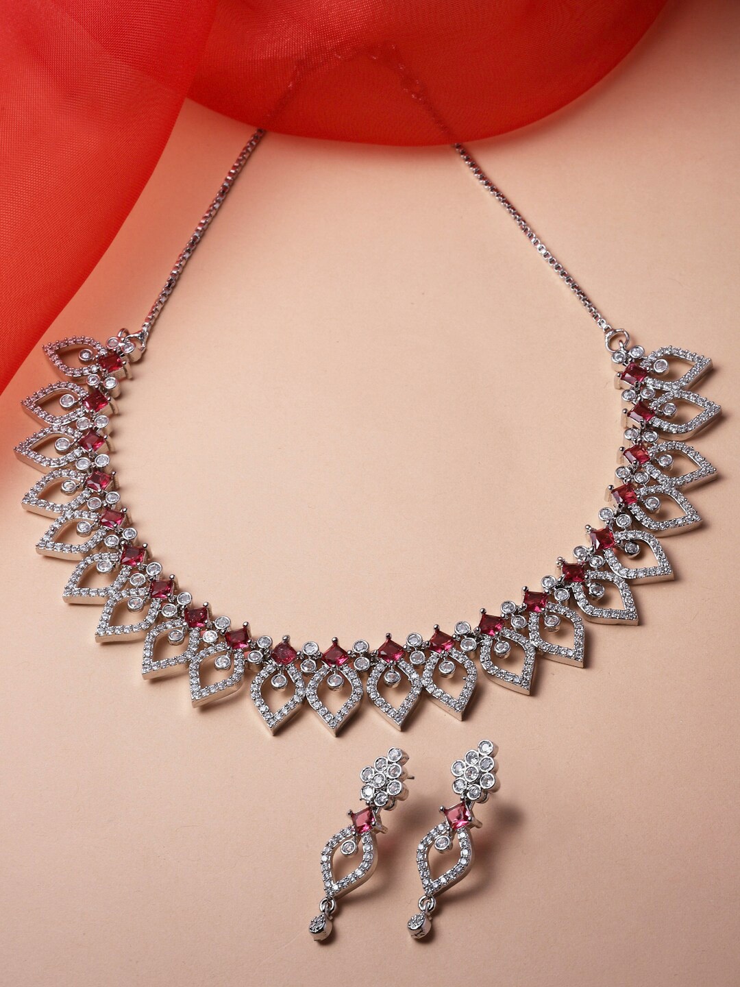 

ZENEME Rhodium-Plated AD-Studded Jewellery Set, Silver
