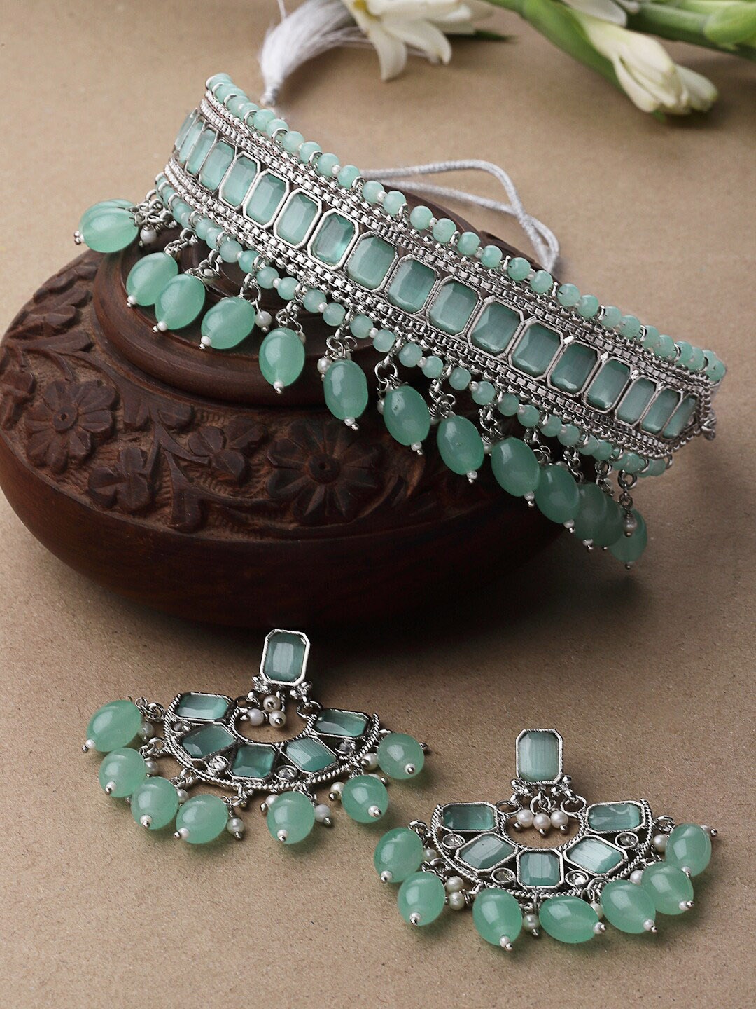 

ZENEME Silver-Plated Cubic Zirconia-Studded & Beaded Necklace with Earrings