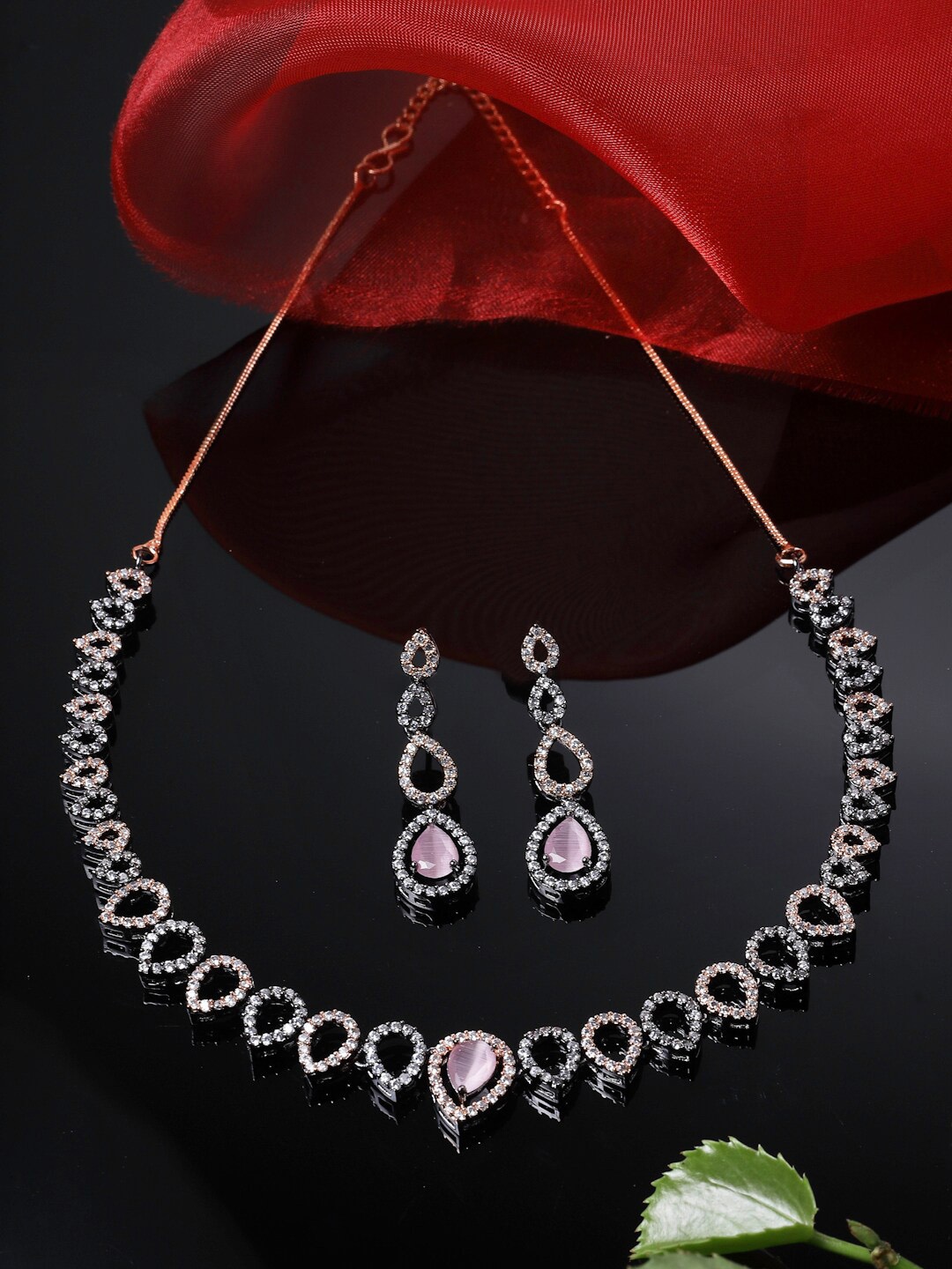 

ZENEME Rose Gold-Plated American Diamonds-Studded Spheroid Necklace & Earrings