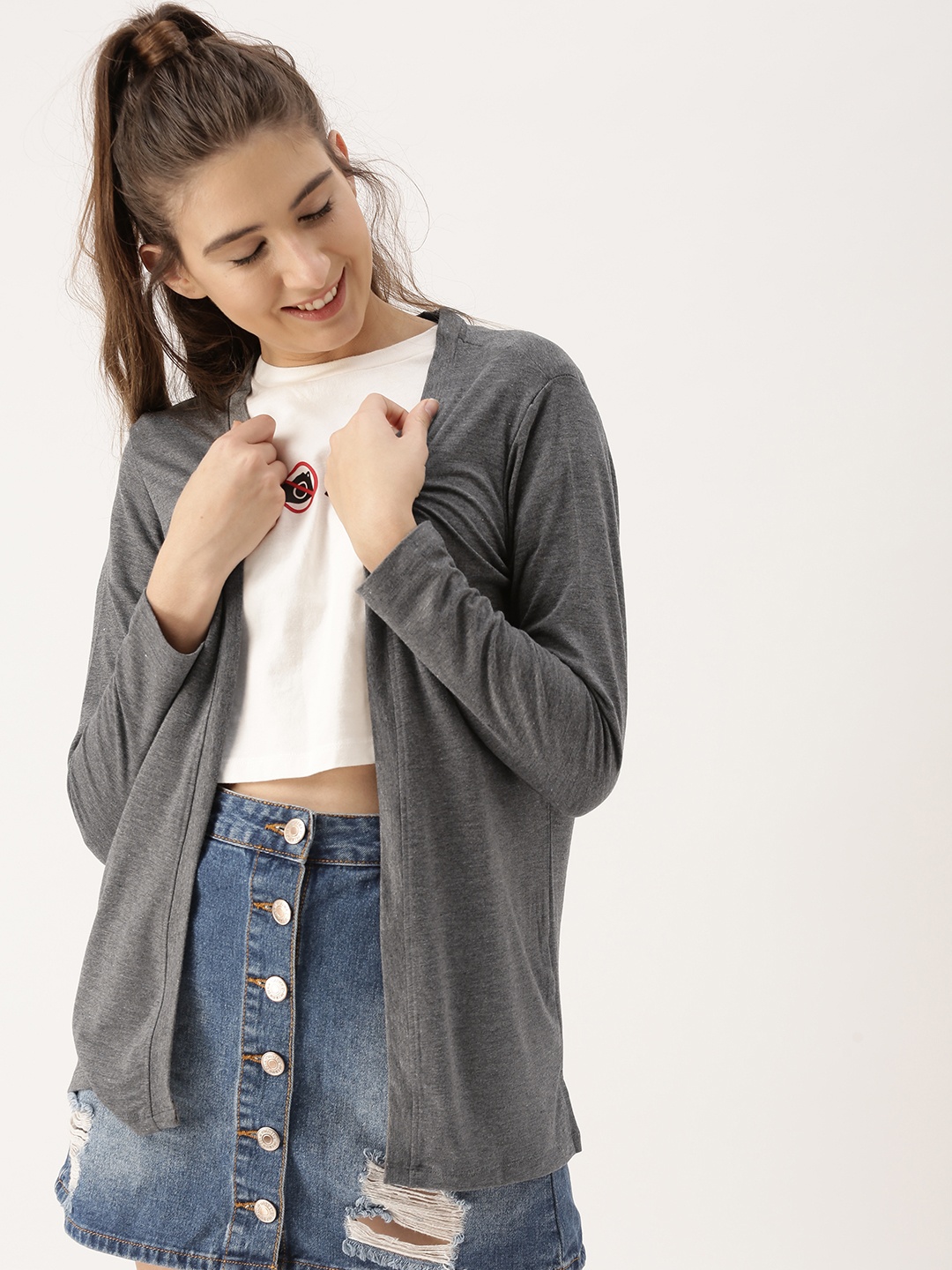 

DressBerry Women Grey Solid Open Front Shrug