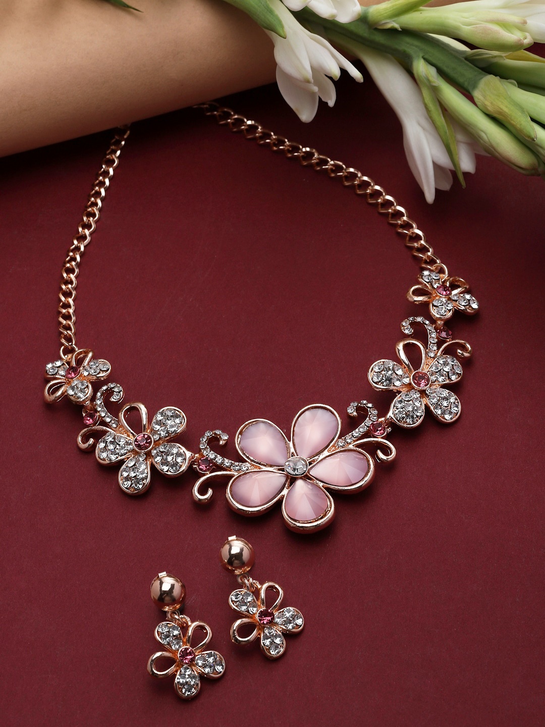 

ZENEME Rose Gold-Plated American Diamonds-Studded Floral Necklace & Earrings