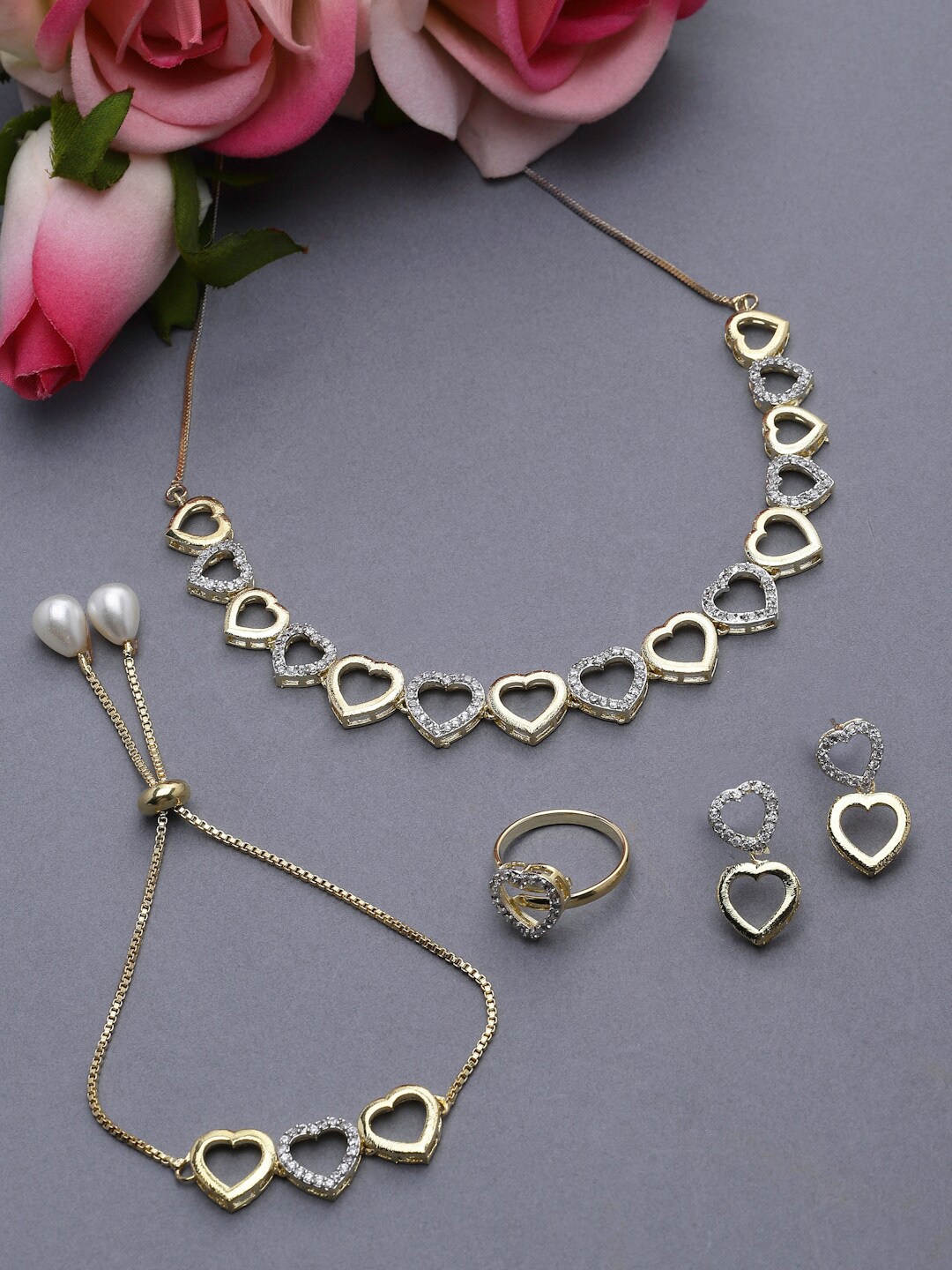 

ZENEME Gold-Plated American Diamond-Studded Heart Shaped Jewellery Set