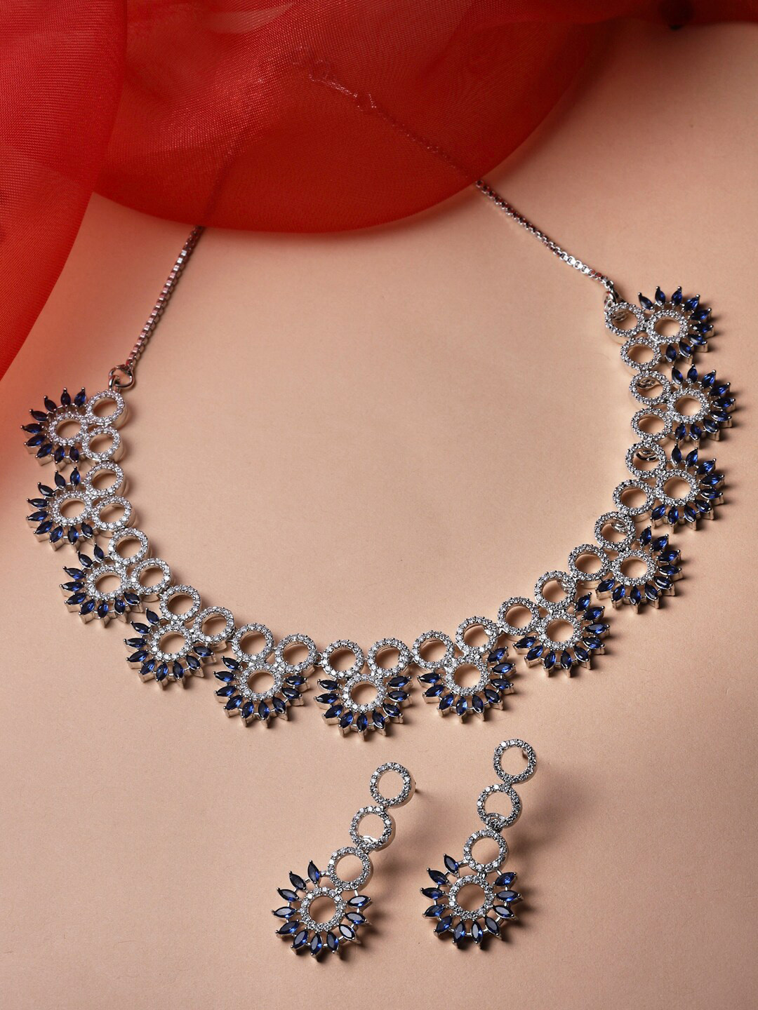 

ZENEME Rhodium-Plated American Diamond Studded Necklace and Earrings, Navy blue