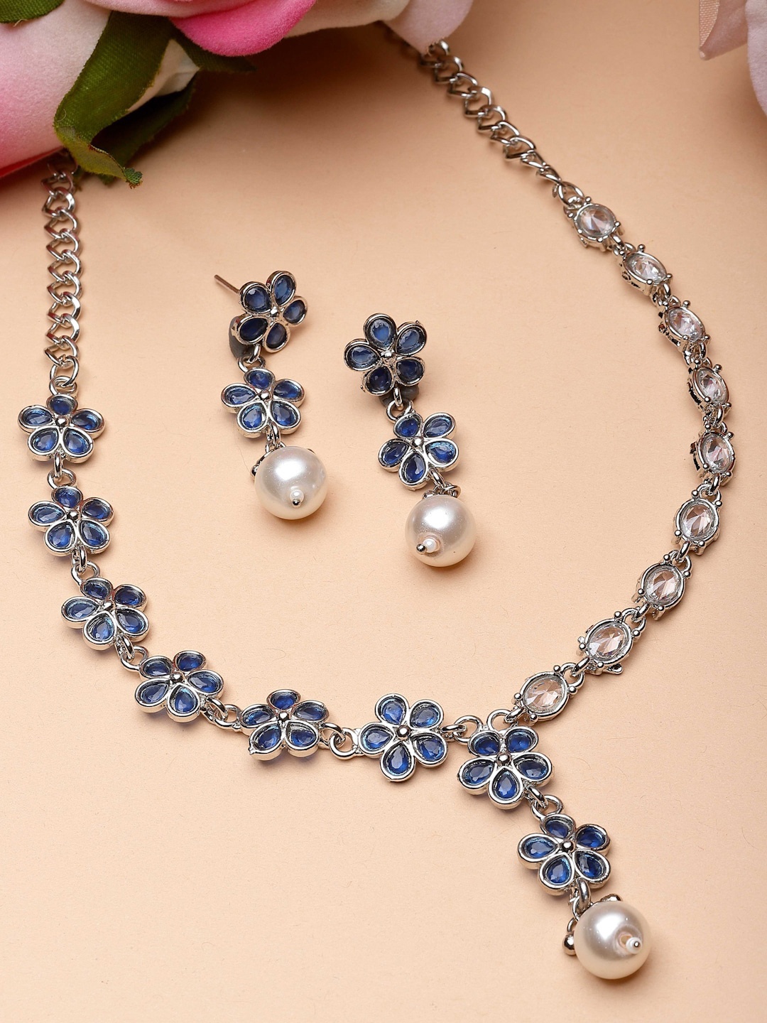 

ZENEME Rhodium-Plated American Diamond Jewellery Set, Navy blue