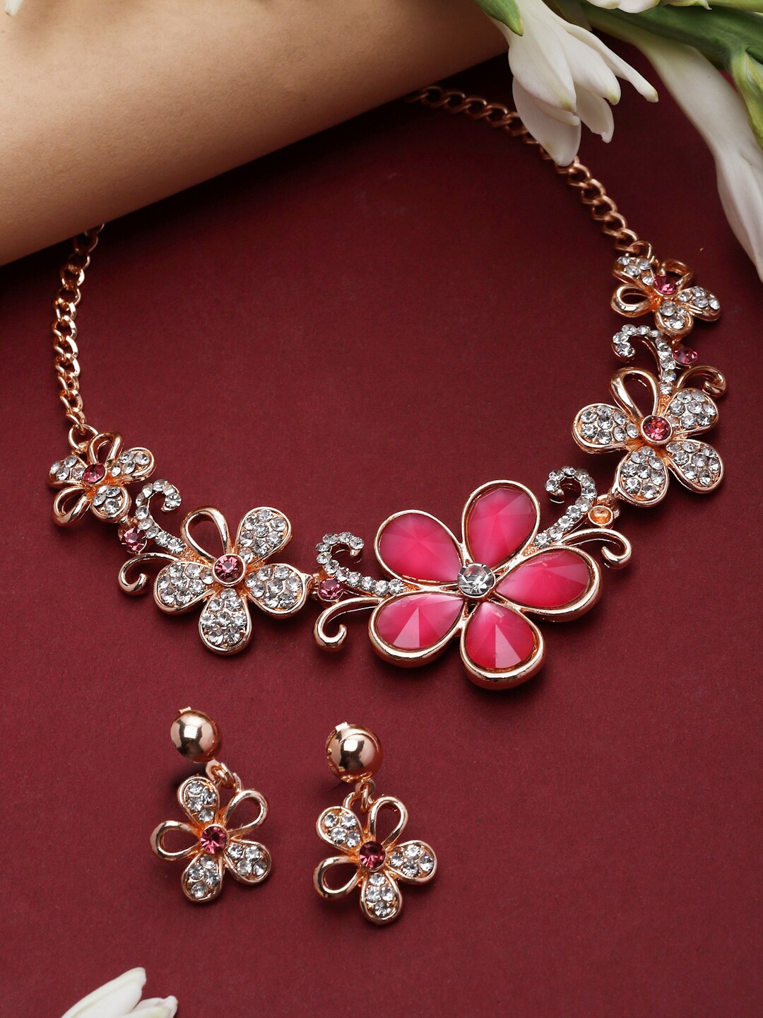 

ZENEME Rose Gold-Plated Stone-Studded Necklace and Earrings, Red