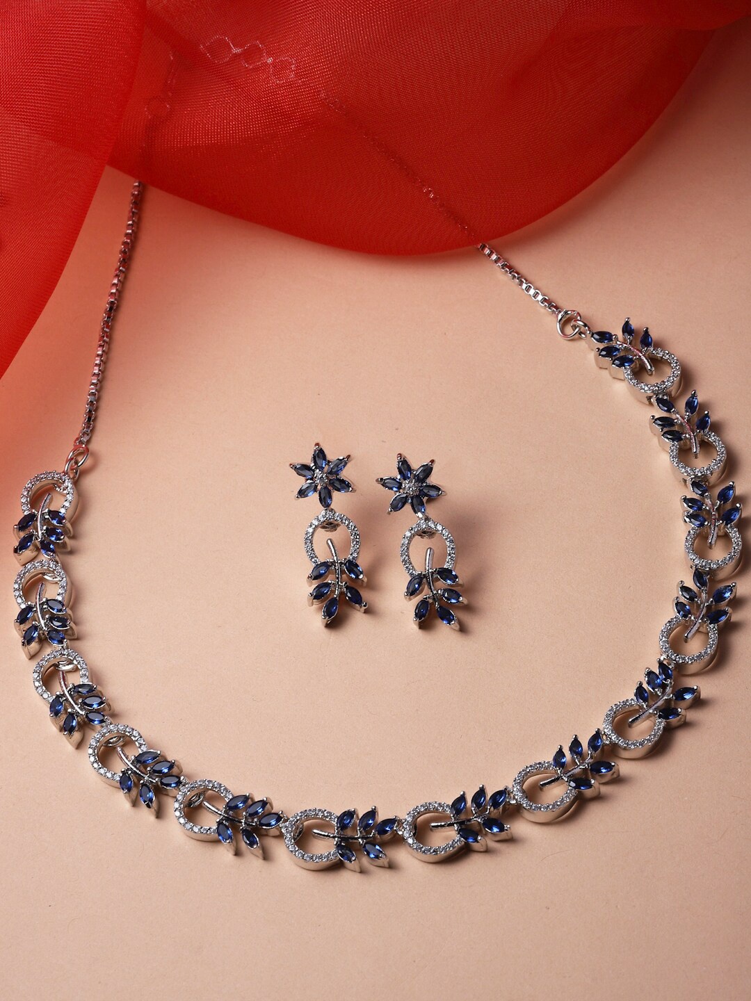 

ZENEME Rhodium-Plated American Diamond Studded Necklace and Earrings, Navy blue