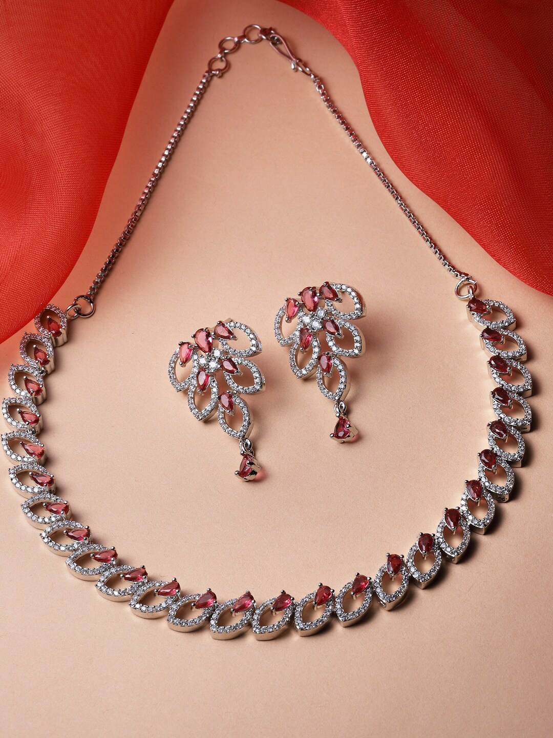 

ZENEME Rhodium-Plated American Diamond Jewellery Set, Red