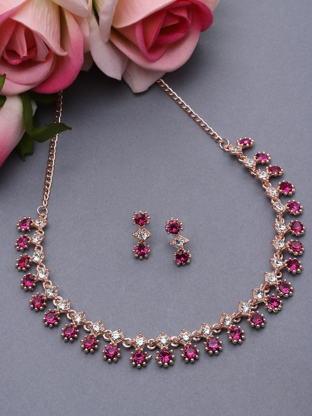 

ZENEME Rose Gold-Plated Cubic Zirconia Necklace and Earrings, Pink