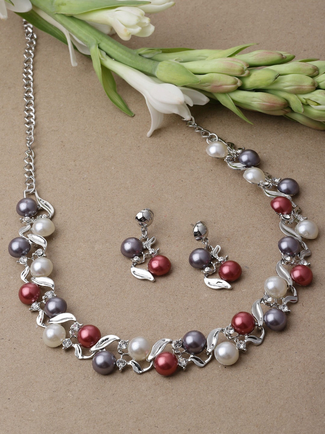 

ZENEME Silver-Plated Pearls Studded Jewellery Set, Red