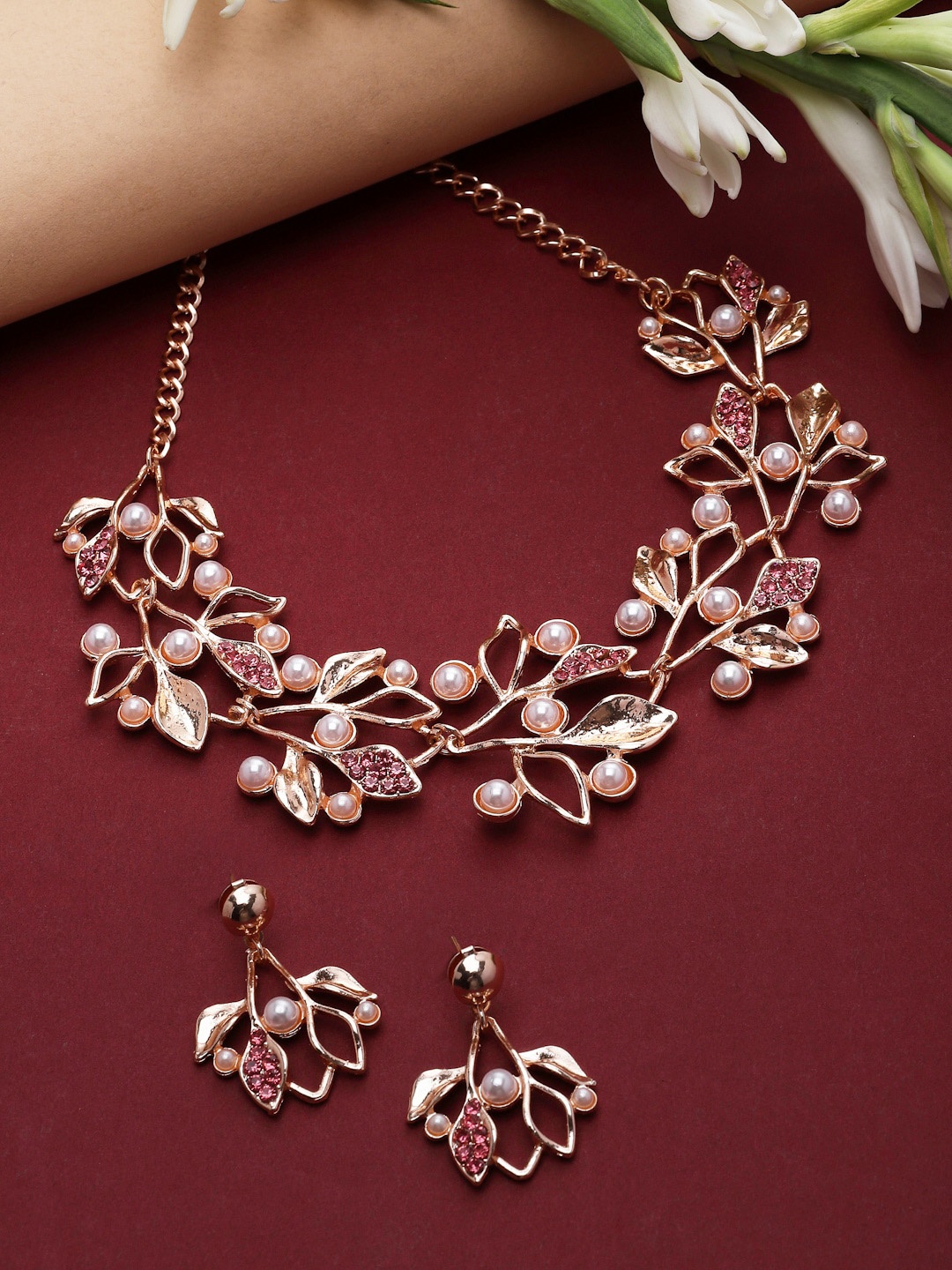 

ZENEME Rose Gold-Plated Cubic Zirconia Necklace and Earrings