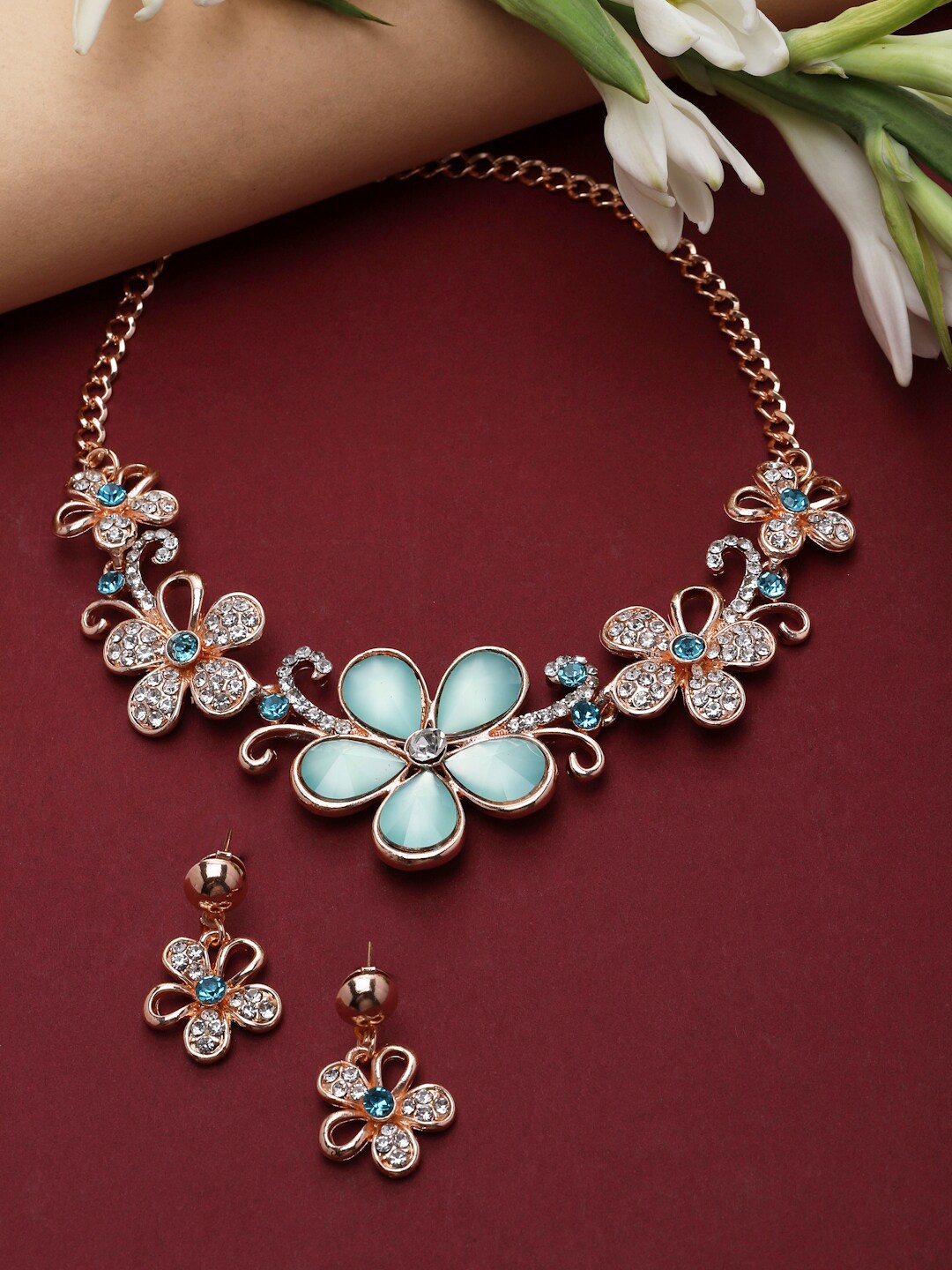 

ZENEME Rose Gold Plated American Diamonds Studded Floweret Jewellery Set