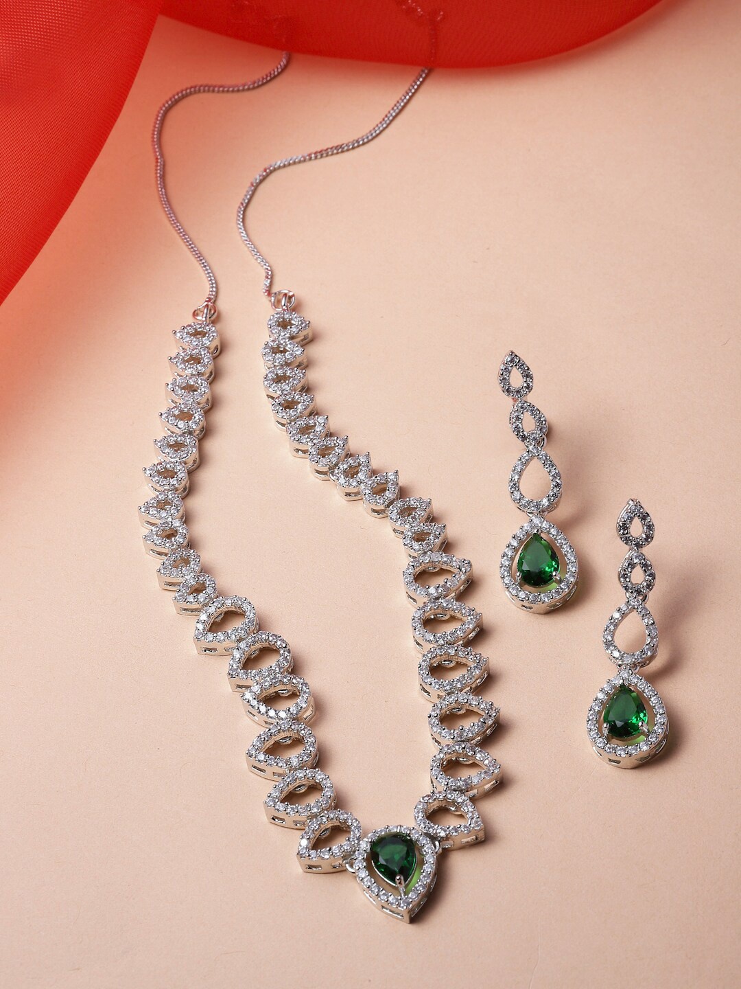 

ZENEME Rhodium-Plated American Diamond Necklace and Earrings, Green