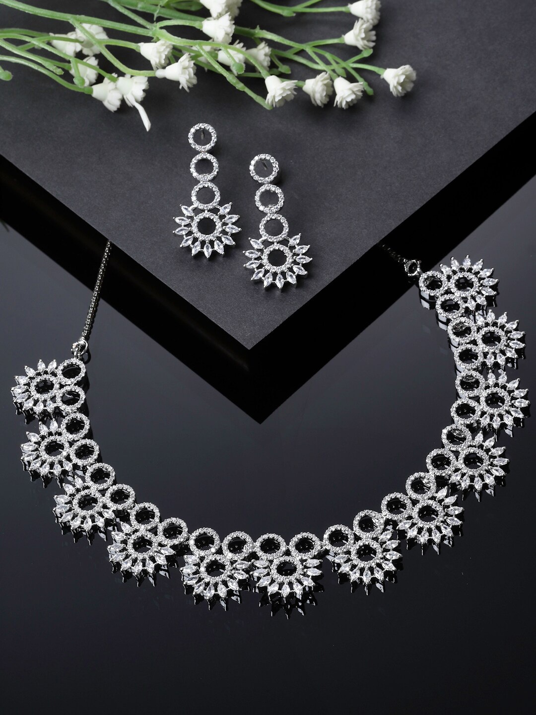 

ZENEME Rhodium Plated American Diamond Studded Jewellery Set, White