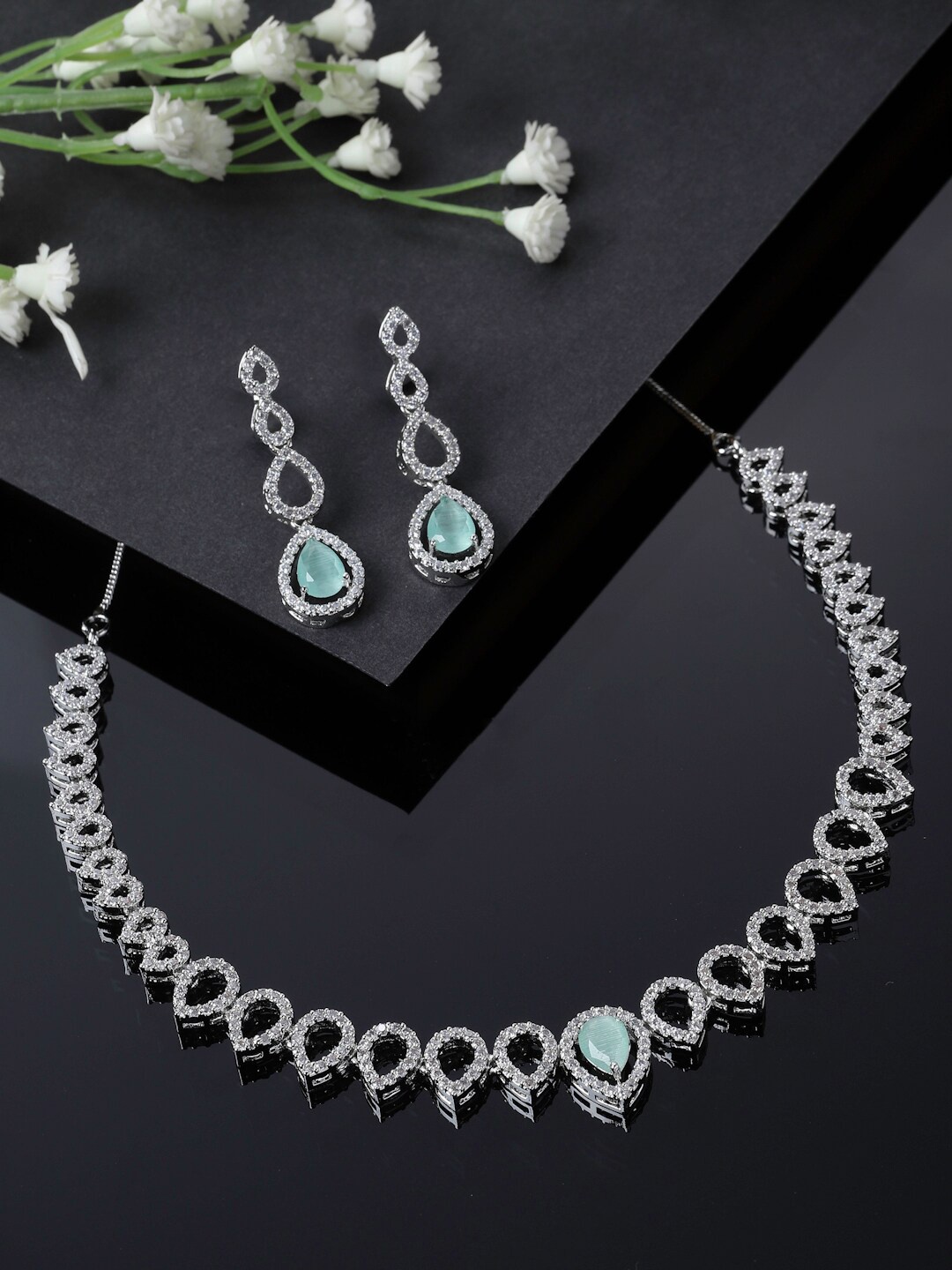 

ZENEME Rhodium-Plated American Diamond Studded Necklace and Earrings, Sea green