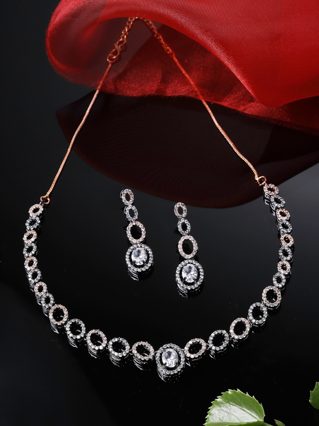 

ZENEME Rose Gold-Plated American Diamonds-Studded Ovate Shaped Jewellery Set