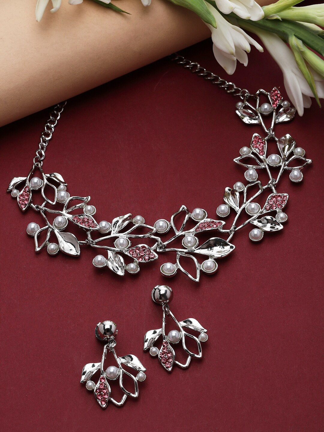 

ZENEME Silver-Plated Cubic Zirconia Pearls Studded Leaf Shaped Jewellery Set