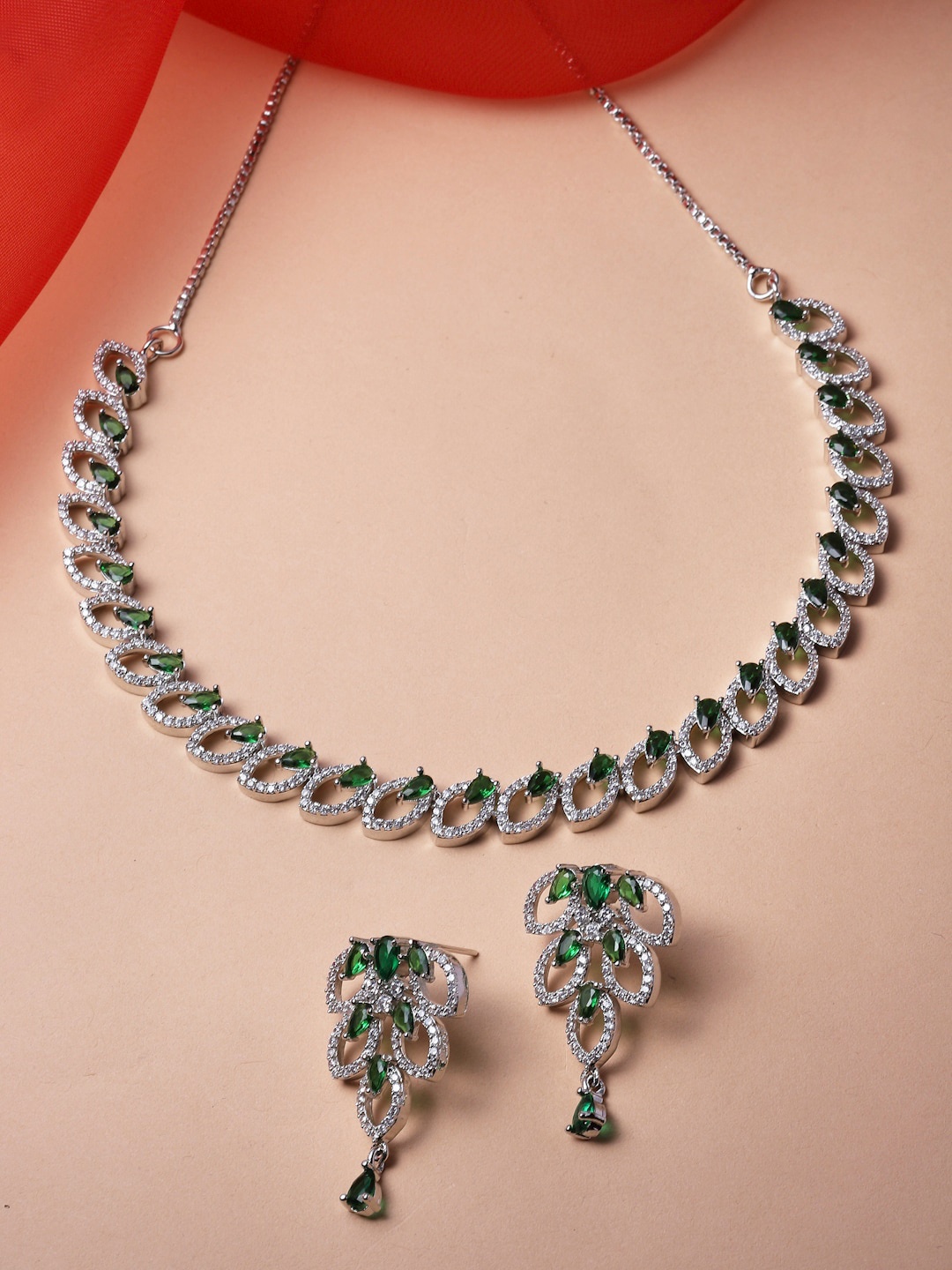 

ZENEME Rhodium Plated American Diamond Jewellery Set, Green