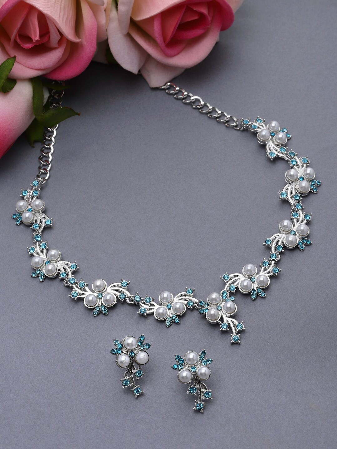 

ZENEME Silver-Plated Cubic Zirconia & Pearl Beaded Necklace and Earrings