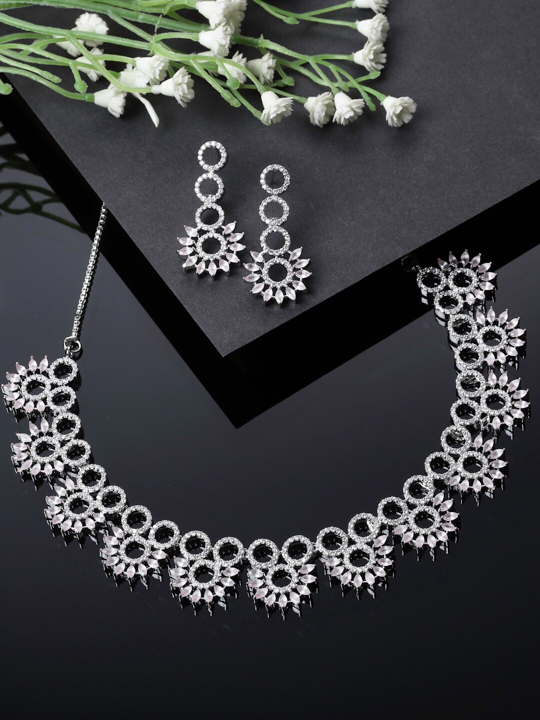

ZENEME Rhodium-Plated American Diamond Jewellery Set, Pink