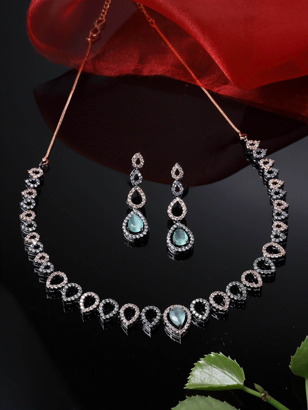 

ZENEME Rose Gold-Plated American Diamond Necklace and Earrings, Sea green