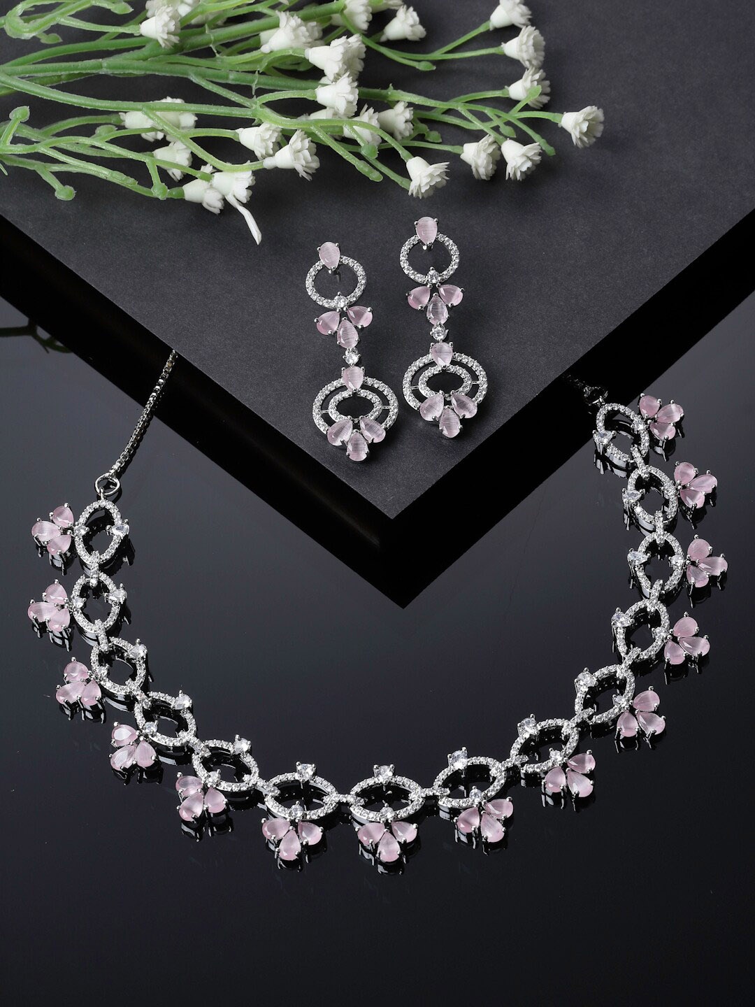 

ZENEME Rhodium-Plated Stone Studded Jewellery Set, Pink