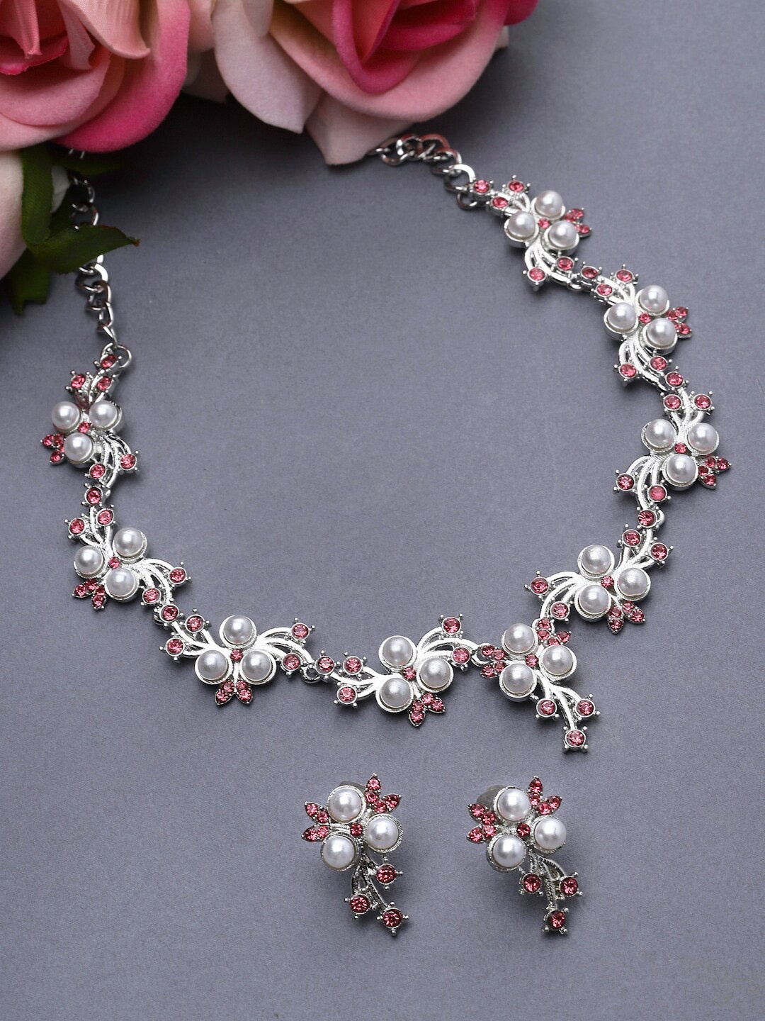 

ZENEME Silver-Plated CZ-Studded & Pearls Beaded Jewellery Set